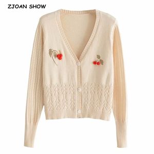 Kvinnor Sticka Enstaka Brossad Broder Broderi Flower Cherry Cardigan French Sweater Retro Knitwear Långärmad Jumper Toppar 210429