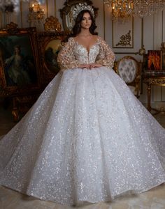 Luxury Glitter Wedding Dresses Ball Gown Sparkly 3D Lace Appliques Long Sleeves Bride Gowns Princess Bridal Dress For Women Robes De Mariage