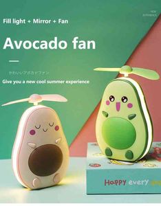 Mini Usb Charging Multifunctional Led Makeup Mirror and Fan in Integrated Cute Avocado Shaped Practical Portable Handheld G220222