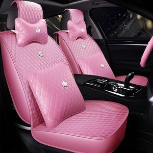 Pink Pu Leather Car Seat Cover för Toyota Hyundai Kia BMW Fit Woman Color Waterproof Automobile Covers Auto Universal Size