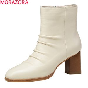 MORAZORA Scarpe da donna di alta qualità stivaletti in pelle di pecora per donna moda punta quadrata tacchi alti scarpe da donna nero beige 210506