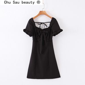 Мода повседневная шикарное черные спинки женщины мини-платья винтажный стиль слоеного рукава лук платья летом Vestido de mujer 210508