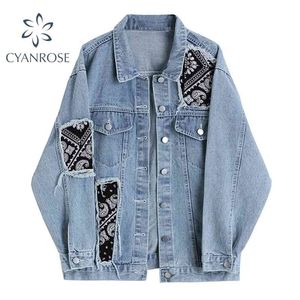 Streetwear Patchwork Denim Jacket Coat Women Single Breasted Cardigan Lapel Ytterkläder Harajuku Trendig Y2K Casual Yttre till 210515