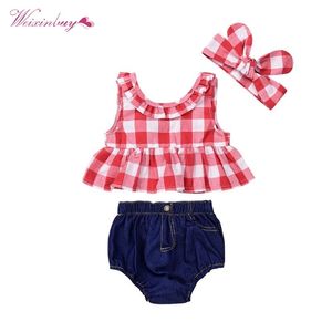 3 pcs criança meninas verão conjunto de roupas de verão crianças casual esporte ternos xadrez contornado t-shirt tops + denim shorts bloomers headbits 210326