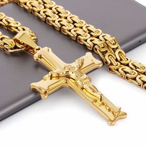 Guldfärg StainlSteel Jesus Cross Pendant Halsband 6mm Länk Byzantinsk kedja Halsband Lång Heavy Men Smycken Kollar MN68 X0707