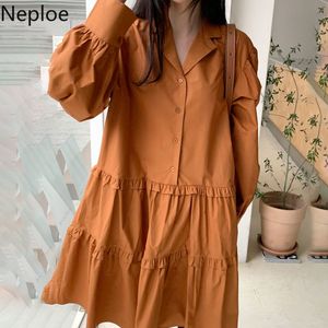 Neploe Spring Dress Vintageターンダウンカラー緩いvestidosルーズファッションローブパフスリーブフリル韓国のドレス210422