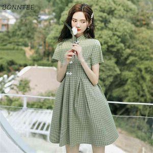 Dress Women 2XL Fresh Plaid Chinese Style Empire Young Girls Holiday Party Dresses Sweet Popular Simple Elegant Femme Vestidos Y1204