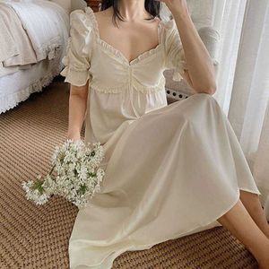 Princesa Estilo Camisola Camisola Sleepwear Mulheres Verão Seda Vintage Nightgown Girls Sexy Doce V-Neck Dureza Dormir Vestido Bonito Lace Home Wear 210924