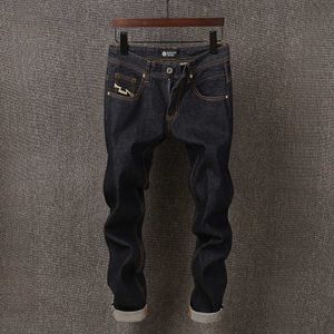 Retro Vintage Moda Homens Jeans Original Unwashed Slim Fit Redline Denim Calças de Alta Qualidade Designer Bolso Selvedge