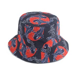 Men Women Vintage Reversible Bucket Hat Summer Outdoor Sunscreen Fish Frog Fox Printed Panama Fisherman Cap
