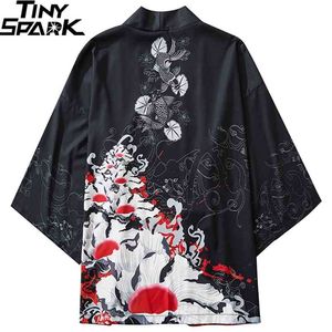 Japoński Kimono Kurtka Ukiyoe Koi Ryby Drukuj Harajuku Hip Hop Mężczyźni Japonia Streetwear Lato Cienka Odzież Loose 210811