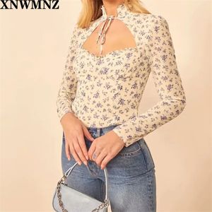 Wakacje Wisteria Floral Print Kobiety Topy Elegancka Bandaż Neck Bandaż Ropa Mujer Vintage Długi Rękaw Top Drop 210520