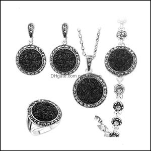 Wedding Jewelry Sets 4Pcs Black Broken Stone Earrings For Women Unique Bohemia Sier Plated Engagement Ring Drop Delivery 2021 Uugox