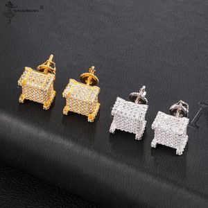 Mens Zircon Earring Hip Hop Style Copper Material Iced Bling CZ Square Stud Earrings Screw-back Fashion Jewelry Accessories