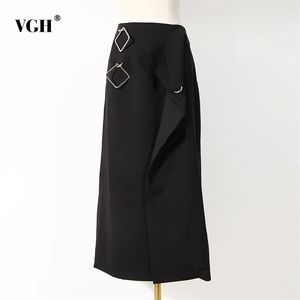 Office Ladies Black Patchwork Metal High Waist Skirts For Women Asymmetrical Elegant Female Fashion Clothing 210531