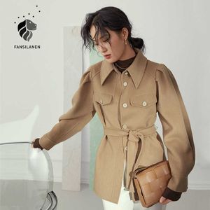 Fansilanen Casual Streetwear Short Wool Blend Coat Kvinnor Pocket Oversized Woolen Jacket Winter Puff Sleeve Vintage Overcoat 210607