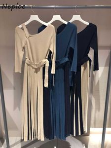 Неослое элегантные нерегулярные панели плиссированные платья женские шикарные кружевные кошу воротник халат осень зима япония стиль вязаное платье Y0726