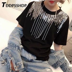 2019 Spring Heavy Work Sequins Decor Women T Shirt Black and White Color Round Neck Female Tee Tops X0628