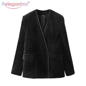 AELEGANTMIS Vネックフェイクファーブレザーコート女性暖かい黒柔らかい緩いふわふわ固体カジュアルなアウターウェア韓国のシックストリートウェア210607