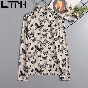 Vintage Turtleneck Butterfly Imprimir camisa de manga comprida trecho fino fino t - shirts mulheres tops primavera outono 210427