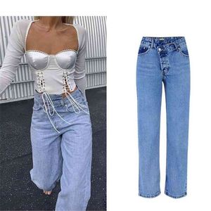 Jeans svasati femminili in denim irregolare a vita alta per le donne Bell Bottom Fat Mom Gamba larga donna magra Streetwear 210720