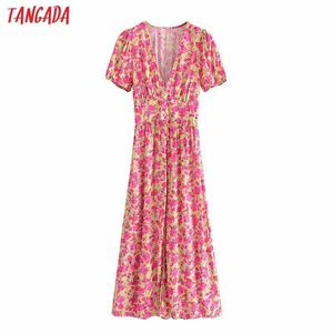 Tangada Women Flowerプリントロマンチックなドレスパフ半袖Vネック女女性Midi Dresses Vestidos 3 H 511 210609
