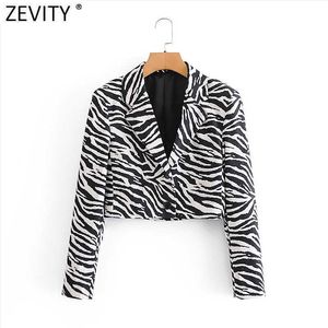 Zevity Women Vintage Black White Zebra Stripe Print Chic Blazer corto Office Ladies Petto Casual Outwear Suit Top CT640 210603