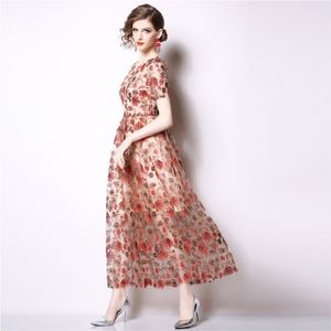 Est夏の女性のブランドデザイナーオーバーレイ花の刺繍のドレス女性半袖ビンテージパーティーBoho Meshレースのドレス210514