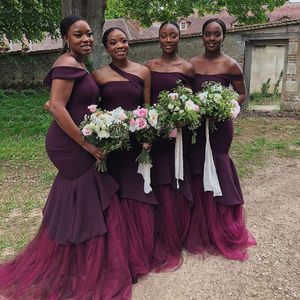 Amazing Mermaid Bridesmaid Dresses Off The Shoulder Neckline Tiered Wedding Guest Dress Sweep Train Satin Maid Of Honor Gowns 326 327