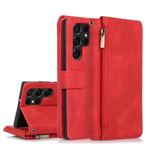 Brieftaschen-Handyhüllen für Samsung Galaxy S22 S21 S20 Note20 Ultra Note10 Plus, einfarbig, hautähnliches PU-Leder, Flip-Kickstand-Abdeckung mit Reißverschluss, Münzbörse