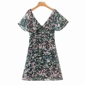 Frauen Sommer Vintage Print Mini Kleid Kurzarm V-ausschnitt Tasten Elastische büste Weibliche Elegante Süße Futter Kleider Vestidos 210513