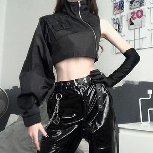 Y2K Fashion Gothic Zip Up Sweatshirt Kvinnor Streetwear Solid Turtleneck Single Sleeve Crop Tops Sexiga Patchwork Sweatshirts 210515