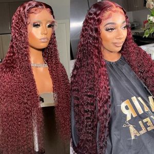 Lace peruker Luvin 30 tum 99J Burgundy Deep Wave Front Human Hair Red Colored Water Curly Remy Markera Front Wig för kvinnor