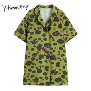 yitimucengシャツのドレス女性ヴィンテージLeopardプリーツボタン夏の切り込みハイウエストグリーンファッションサンドレス210601