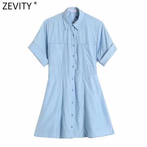 Zevity女性のファッションソリッドカラーシングルブレスト弾性ウエストシャツのドレスオフィスレディースシックな半袖Aラインvestido DS8205 210603