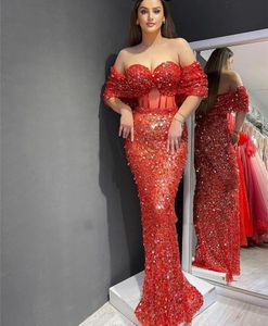 Long Sparkly Red Off Shoulder Arabic Evening Dresses Bling paljetter Mermaid Prom Pageant Dress Illusion Corset Formella partyklänningar Custome Made