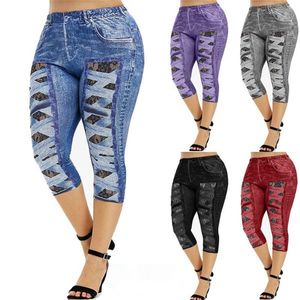 Печать коротких леггинсов женщин Geggings Perfect Fit Jeans Leggings Высокая талия эластичные Capri Leggins брюки лето ложные джинсовые женские