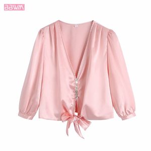 Spring Women Fashion Long-sleeved V-neck Bow Tie T-shirt Vintage Loose Silk Satin Texture Chic Female Tops 210507