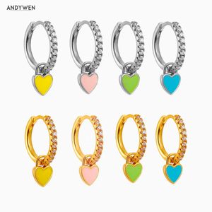 ANDYWEN 925 Sterling Silver Gold Colorful Enamel Heart Piercing Pendiente Pendant Dangle Charm Drop Earring Crystal Jewelry 210608