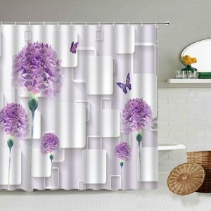 Pantallas De Estilo Chino al por mayor-Cortinas de ducha estilo chino tridimensional geométrico cuadrado púrpura cortina de flor mariposa rosa moderno baño impermeable pantalla