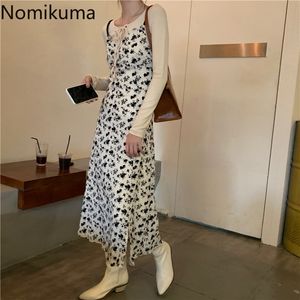 Nomikuma Autumn Fashion Mid Calf Dress Women Elegant Floral Printed Slim Waist Spaghetti Strap Dresses Female Vestidos 3d516 210514