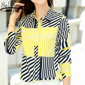 Tops das mulheres e blusas blusas mujer de moda Spled Striped Striped Colarinho Coleira de Manga Longa Camisas Chiffon Blusa 2435 50 210521