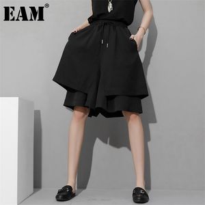 [EAM] High Elastic Waist Black Double Layers Half Length Trousers Loose Fit Pants Women Fashion Spring Summer 1Z302 210925