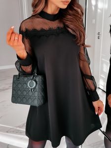 夏のメッシュセクシーなドレス女性長袖見るパッチワークエレガントドレスパーティークラブブラックAラインカジュアルミニドレスvestido 210521