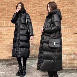 In the shiny black feather cotton-padded jacket long over-the-knee thickening han edition loose cotton coat 211216