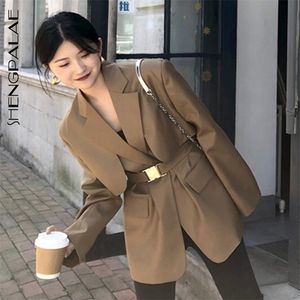 Herbst Frauen Koreanische Blazer Khaki Gürtel Vintage Kerbe Hübsche Mode Langarm Große Größe Anzug Mantel 210427
