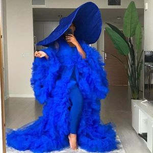 Robes Bleues Royales À Manches Longues achat en gros de Robes décontractées Bleu Royal Blue Extra Puffy Tulle Robe Manches Longues Sheer Voyant à travers les femmes Robe de maternité Plus Taille de la pographie
