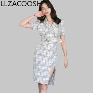 Fashion Double breasted Sheath Split Office Dress Formal Summer Plaid Notched short sleeve Bodycon Sheath Dress Vestidos 210514