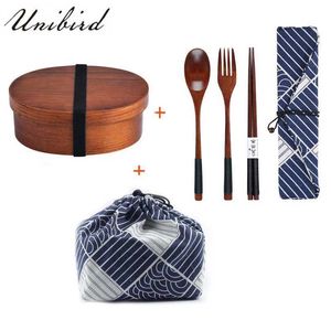 Unibird Ahşap Öğle Yemeği Kutusu Piknik Bölmesi Için Sushi Gıda Konteyner Çocuklar Bagspoon Chopsticks ile Bento Yemek Seti 210709