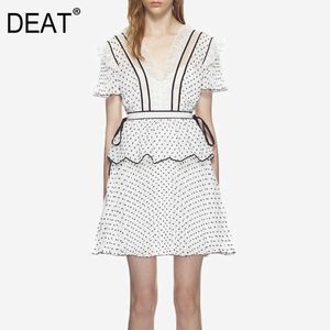 [DEAT] Lato Moda V-Neck Wysoka talia Ruffles Krótki Rękaw Polka Dot A-Line Elegancka Mini Dress Women 13d024 210527